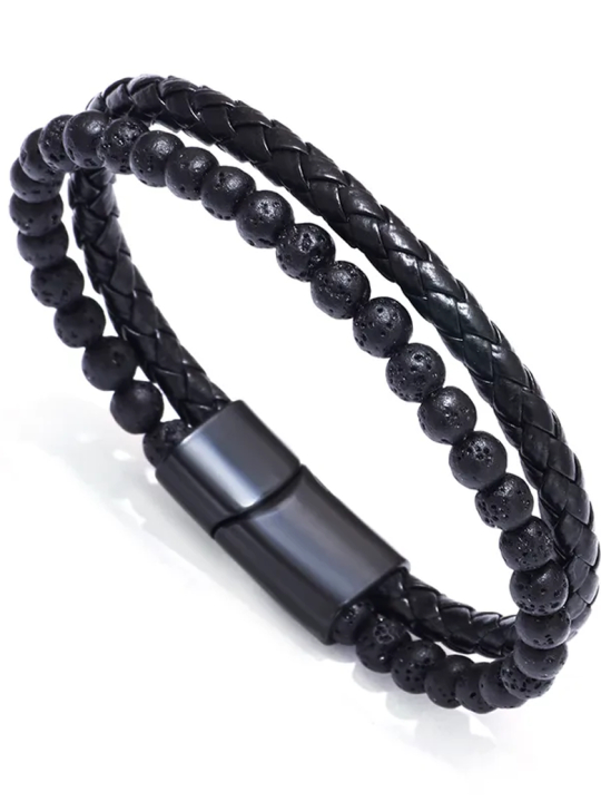 Bracelet Homme Noir – Perles de Lave & Similicuir Tressé avec Fermoir Aimanté