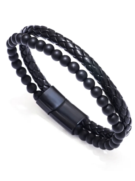 Bracelet Homme Noir – Perles Mattes & Similicuir Tressé avec Fermoir Aimanté