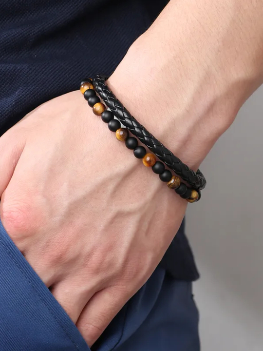 Bracelet Homme Noir – Perles Œil de Tigre & Similicuir Tressé avec Fermoir Aimanté