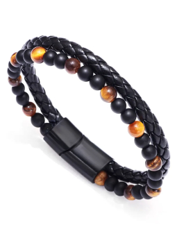 Bracelet Homme Noir – Perles Œil de Tigre & Similicuir Tressé avec Fermoir Aimanté
