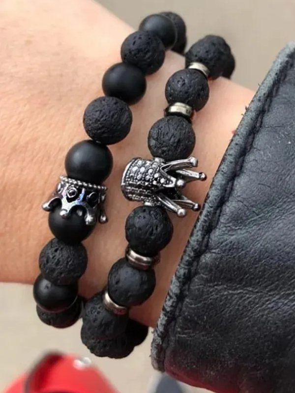 Bracelet Homme Double Couronne – Perles Noires Volcaniques & Onyx Mat