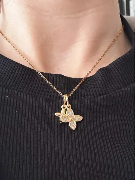 Collier Fleur Pavée & Charm – Doré en Acier Inoxydable