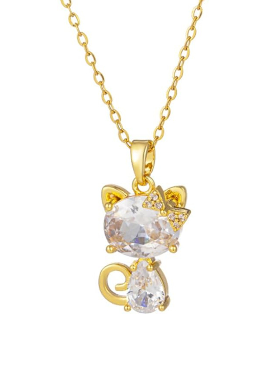 Collier Doré Chat Cristal & Nœud Étincelant – Charme Lumineux en Acier Inoxydable