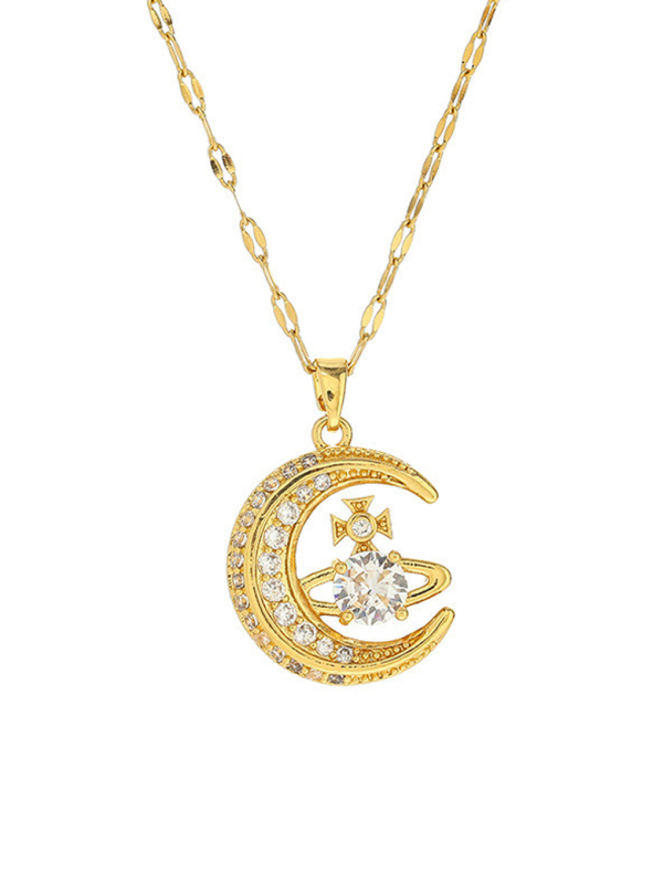 Collier Doré en Acier Inoxydable – Lune Scintillante & Cristal Étincelant