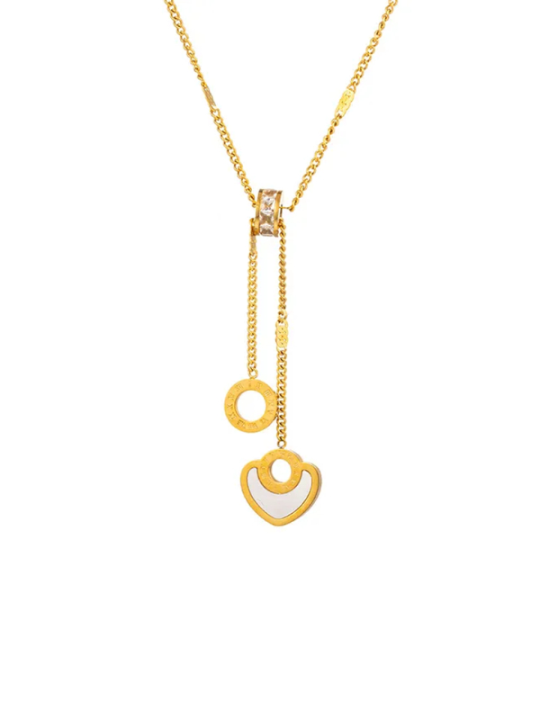 Collier Double Pendentif Cœur & Cercle Nacré – Doré en Acier Inoxydable