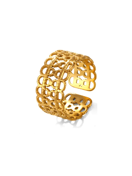 Bague Large Ajourée Dorée en Acier Inoxydable – Bague Ouverte Design Graphique