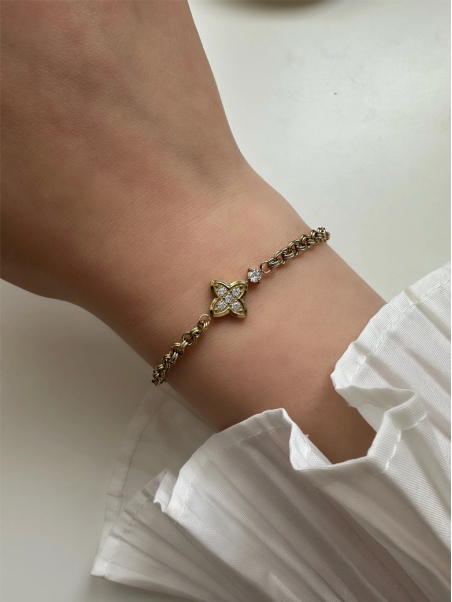 Bracelet Chaîne Fleur Dorée en Plaqué Or 18K avec Cristaux