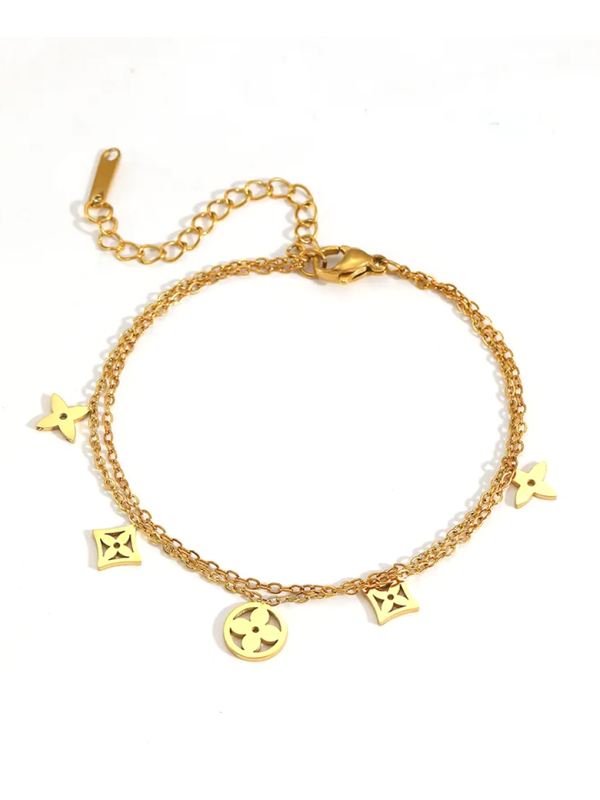 Bracelet Chaîne Pampilles Dorées en Plaqué Or 18K – Motifs Trèfle & Géométriques