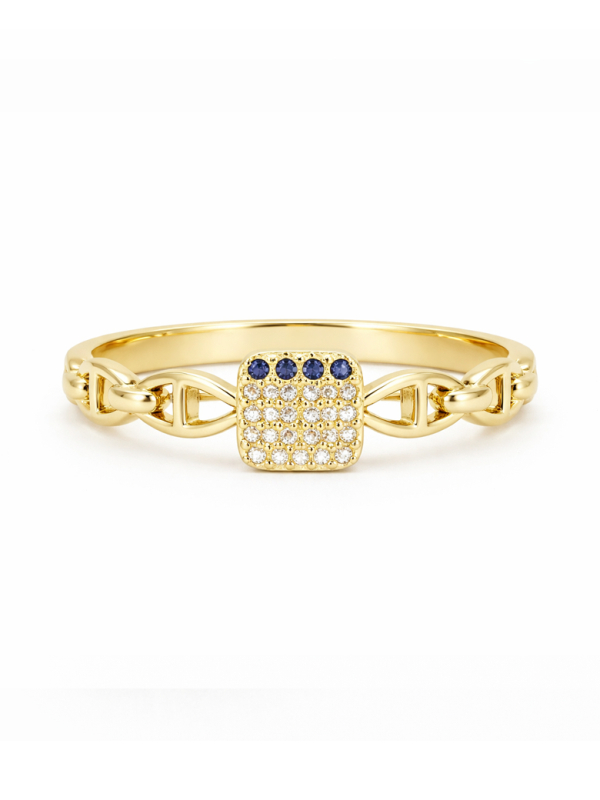 Bague Chaîne dorée plaquée or 18K avec pavé de pierres bleues – Design moderne et éclat précieux