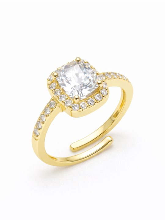 Bague ouverte dorée plaqué or 18K avec pierre centrale carrée et halo scintillant – Anneau ajustable élégant