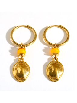 Boucles d’Oreilles Créoles Dorées en Acier Inoxydable avec Perle Jaune et Pendentif Ovale