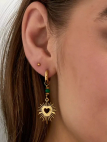 Boucles d’Oreilles Créoles Soleil Cœur Dorées en Acier Inoxydable avec Perle Verte