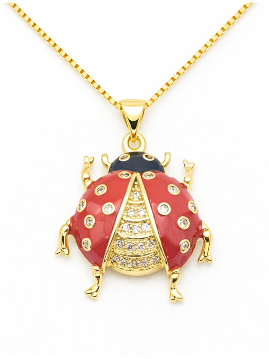 Collier Coccinelle Rouge Plaqué Or 18K – Pendentif 25 mm & Chaîne 45 cm