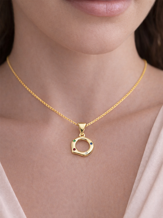 Collier Cercle Ondulé Plaqué Or 18K – Pendentif 20 mm Pierres Colorées & Chaîne 45 cm