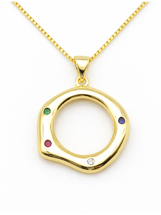 Collier Cercle Ondulé Plaqué Or 18K – Pendentif 20 mm Pierres Colorées & Chaîne 45 cm