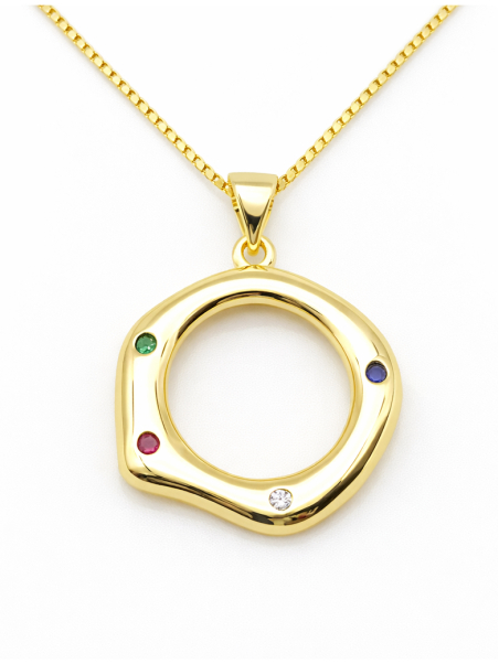 Collier Cercle Ondulé Plaqué Or 18K – Pendentif 20 mm Pierres Colorées & Chaîne 45 cm