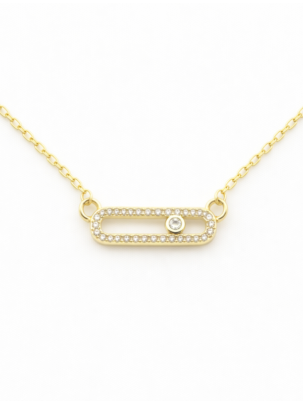 Collier Barre Ovale Sertie Plaqué Or 18K – Pendentif 20 mm & Chaîne 45 cm
