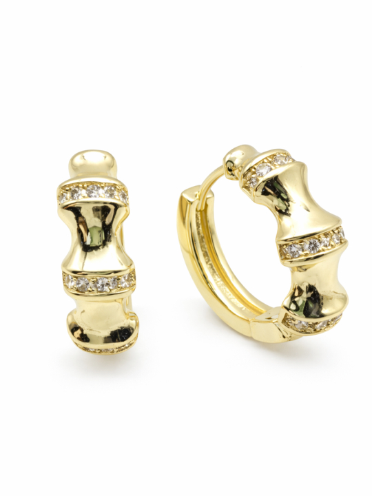 Boucles d’Oreilles Créoles Bambou Strass Doré Plaqué Or