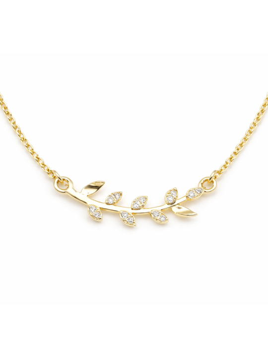 Collier Branche Feuilles Zircon Doré Plaqué Or 18K