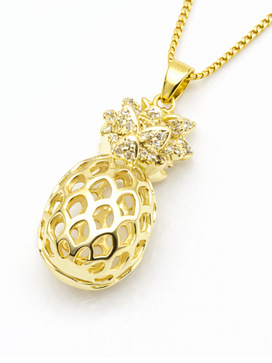Collier Ananas Ajouré Zircon Doré Plaqué Or 18K – Pendentif 25 mm