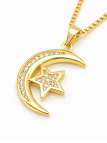 Collier Lune Étoile Zircon Doré Plaqué Or 18K – Pendentif 25 mm